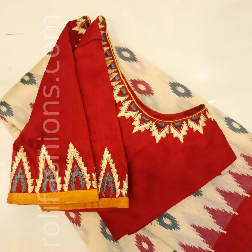 Beige,red and yellow tricolour saree with designer blouse