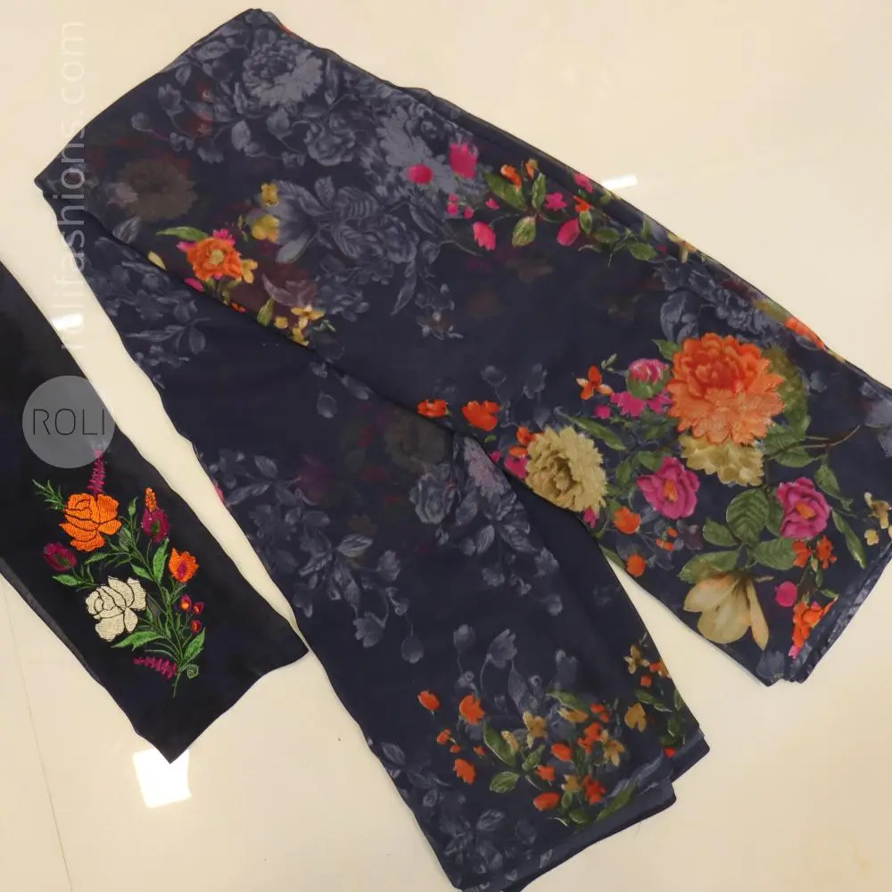 Elegant Charcoal Grey Floral Printed Saree with Embroidered Designer Blouse