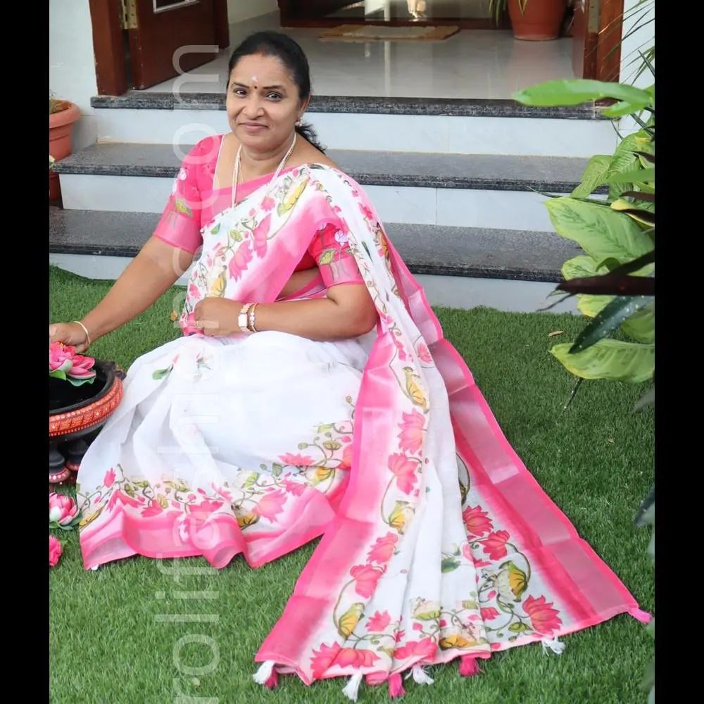 White and pink Lenin cotton saree With Pichwai designer blouse 