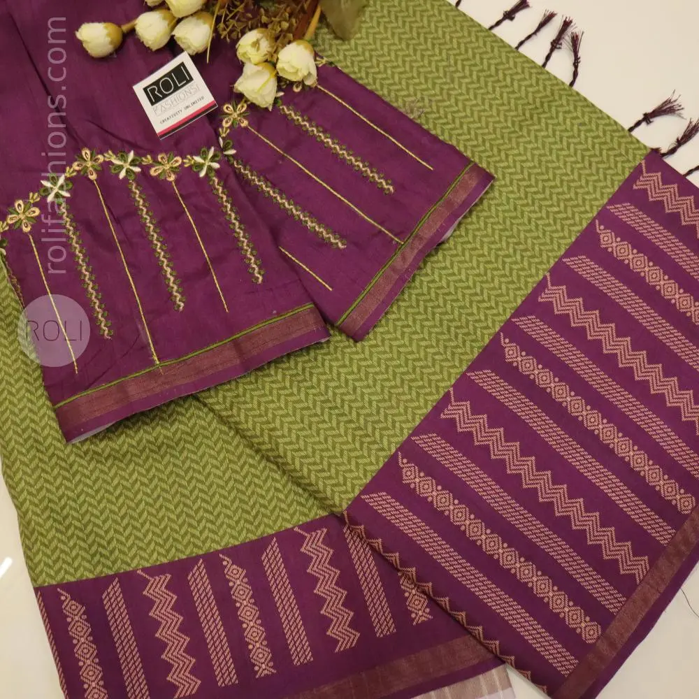 Olive Green & Deep Wine Purple with Gold Zari