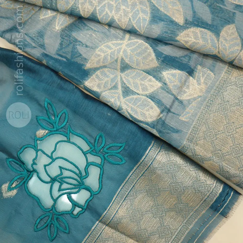 Stunning sea blue with silver and gold zari weaving