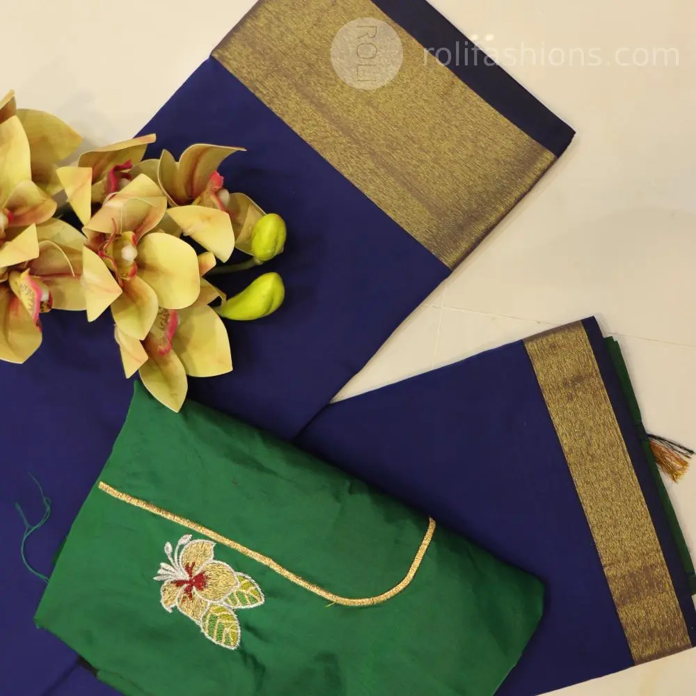 Blue with golden zari woven border and green blouse and pallu
