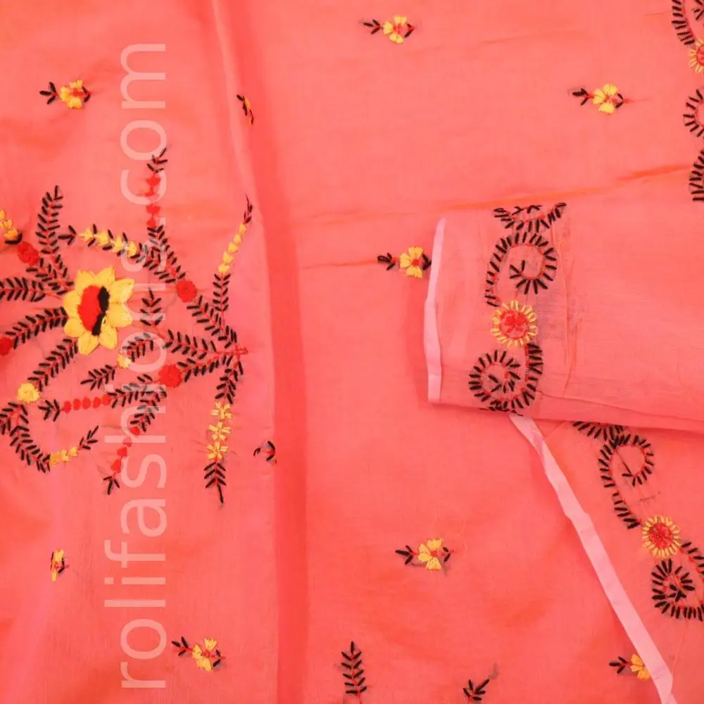 Peach with multicolour thread hand work embroidery
