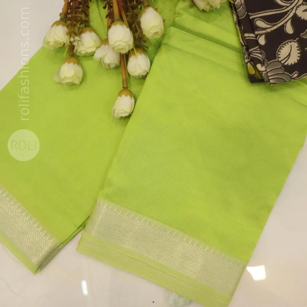 Fresh lime green / parrot green shade with silver zari border