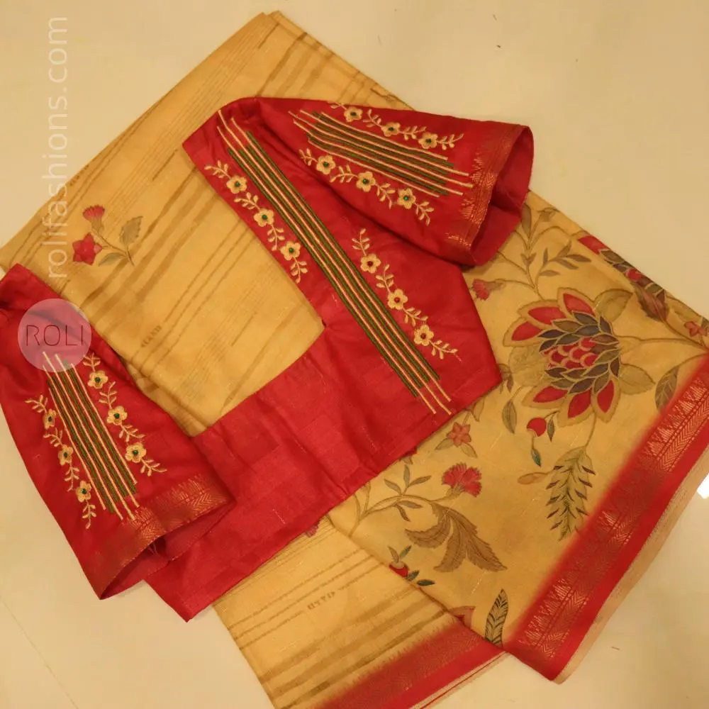 Beige saree with Punch Pink border