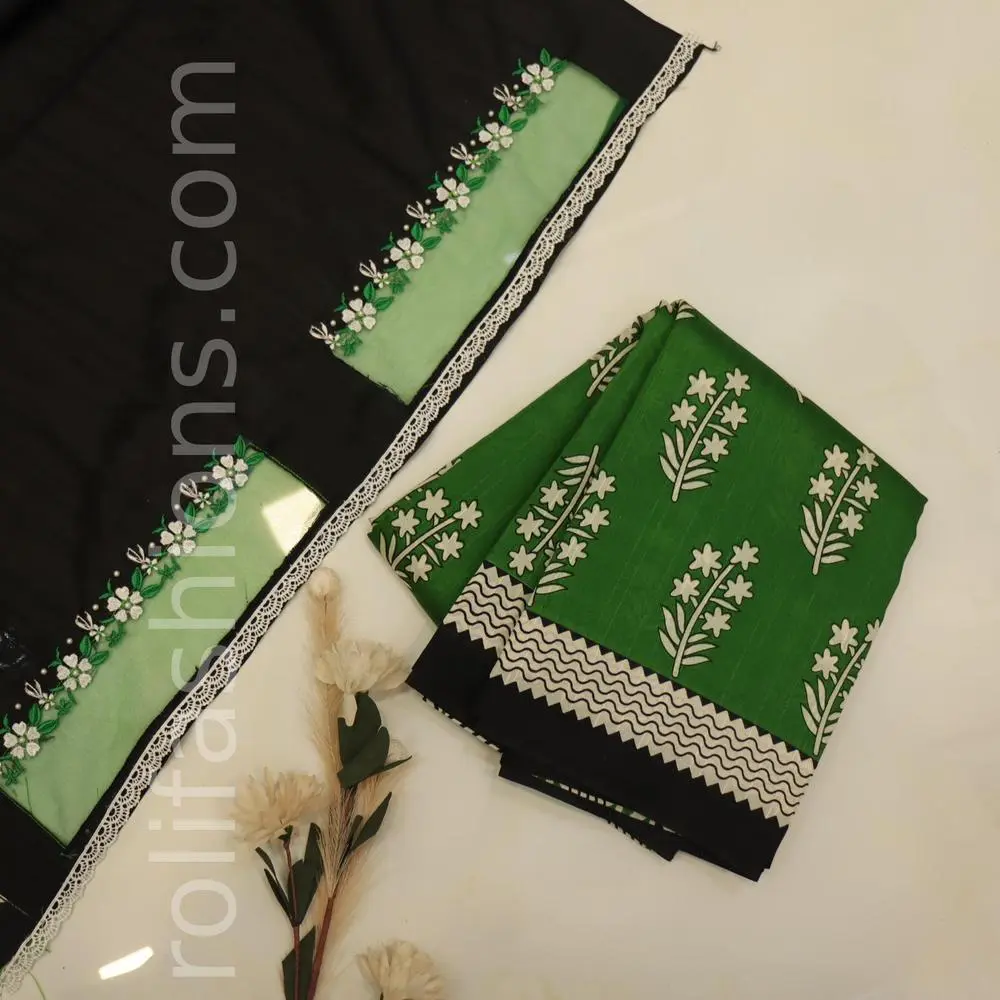 Green and Black saree with network designer blouse(unstitched)