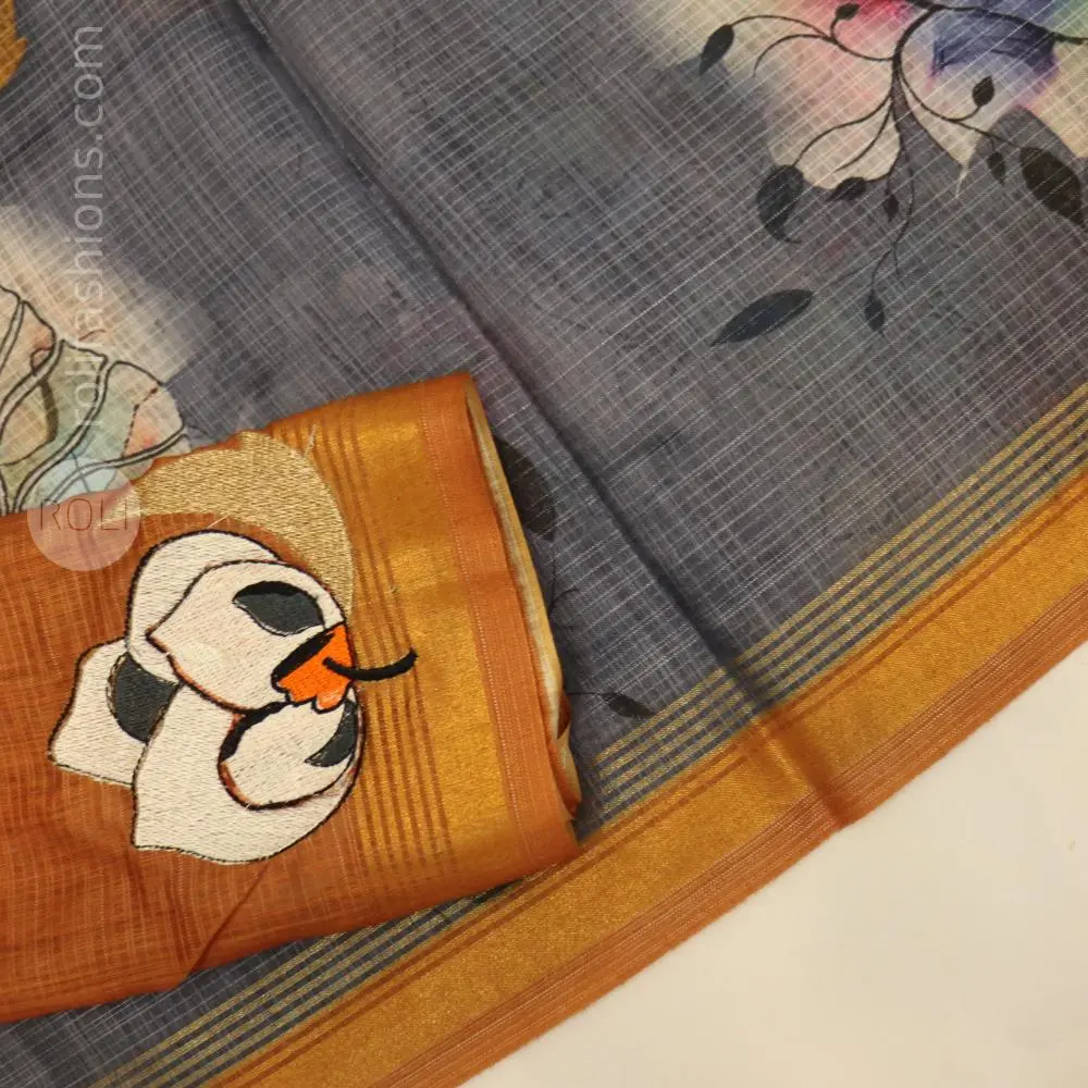 Celebrity grey saree with mustard zari border And 3D patchwork designer blouse
