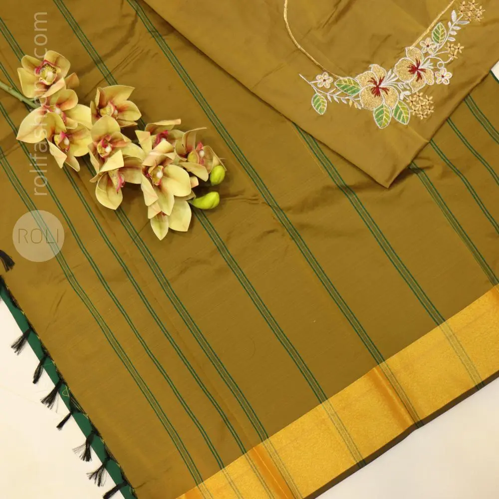 Coffee brown saree with dried mehendhi blouse