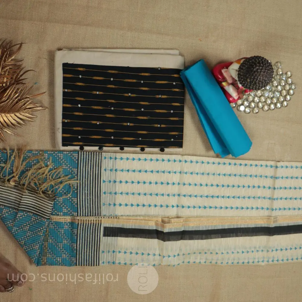 Sea blue and beige with black neck work