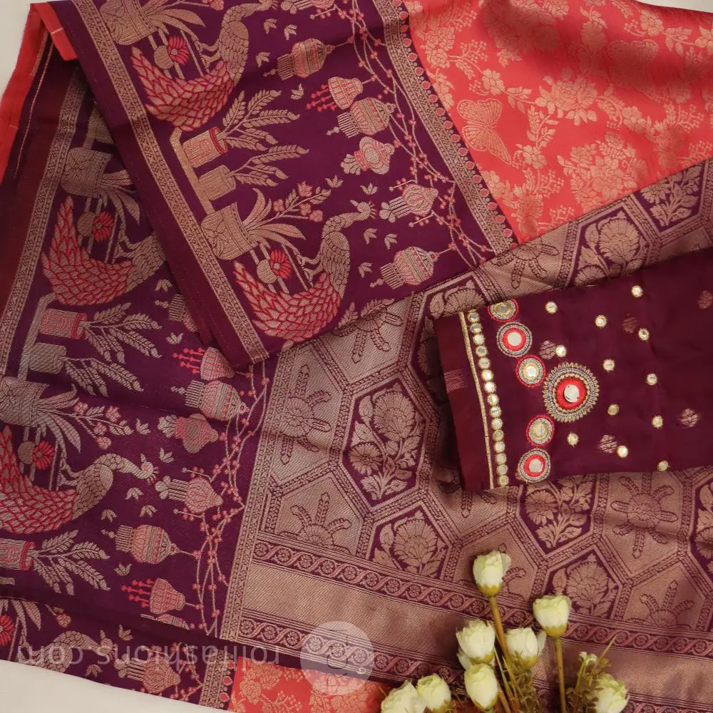 Rust orange with wine border silk saree