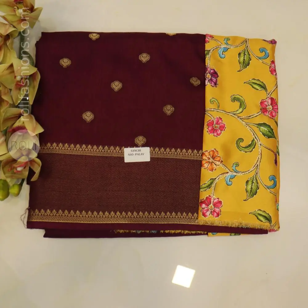 Goddess kumkum maroon with stunning yellow designer blouse