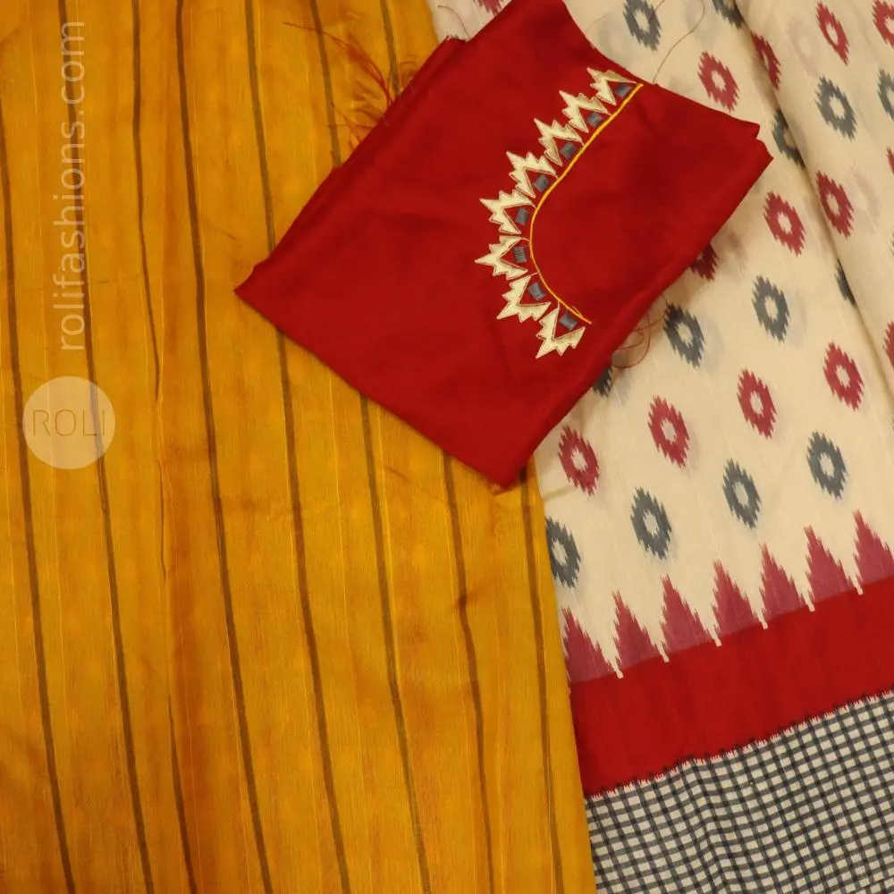 Beige,red and yellow tricolour saree with designer blouse