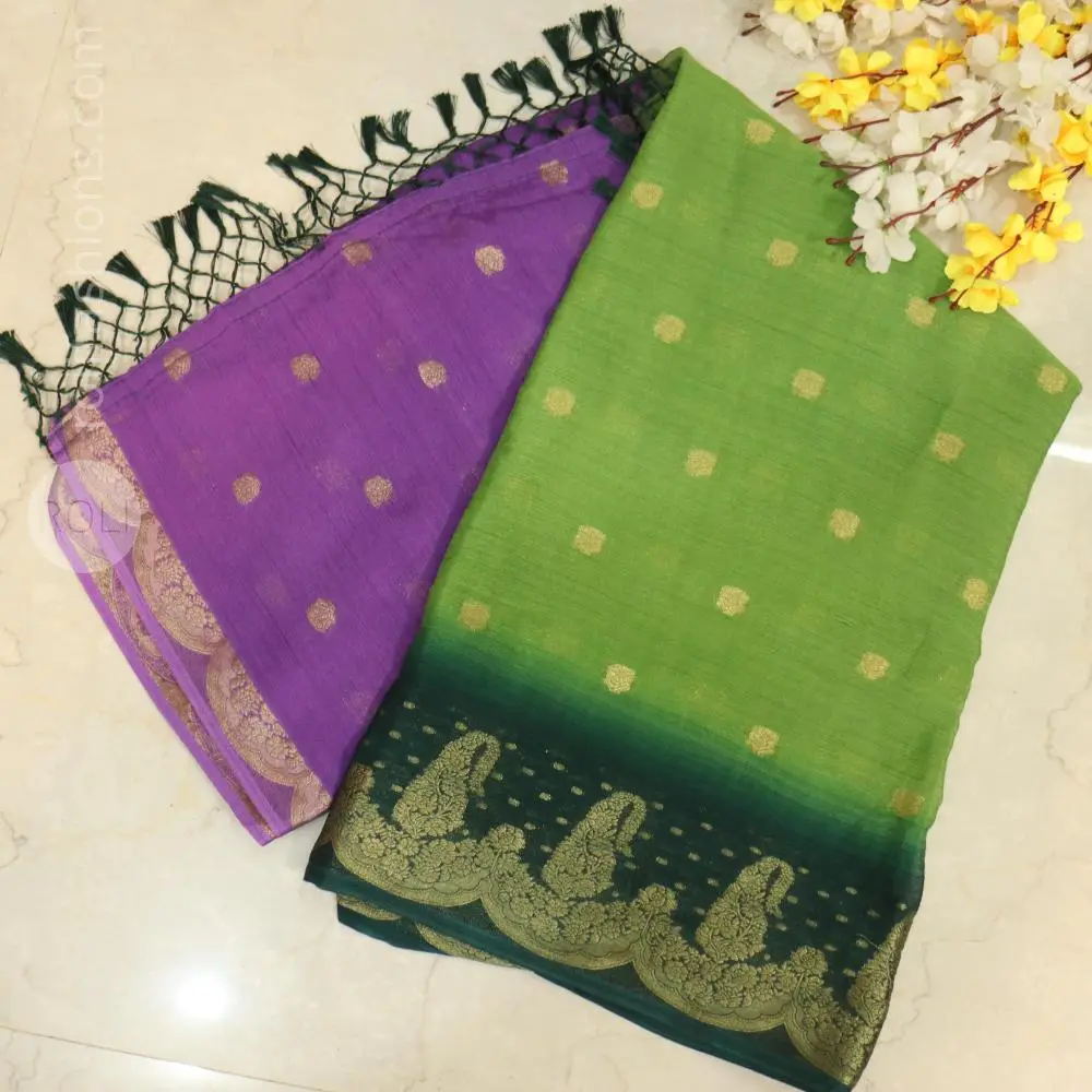 Purple and parrot-green pure Chinon crape Banaras saree