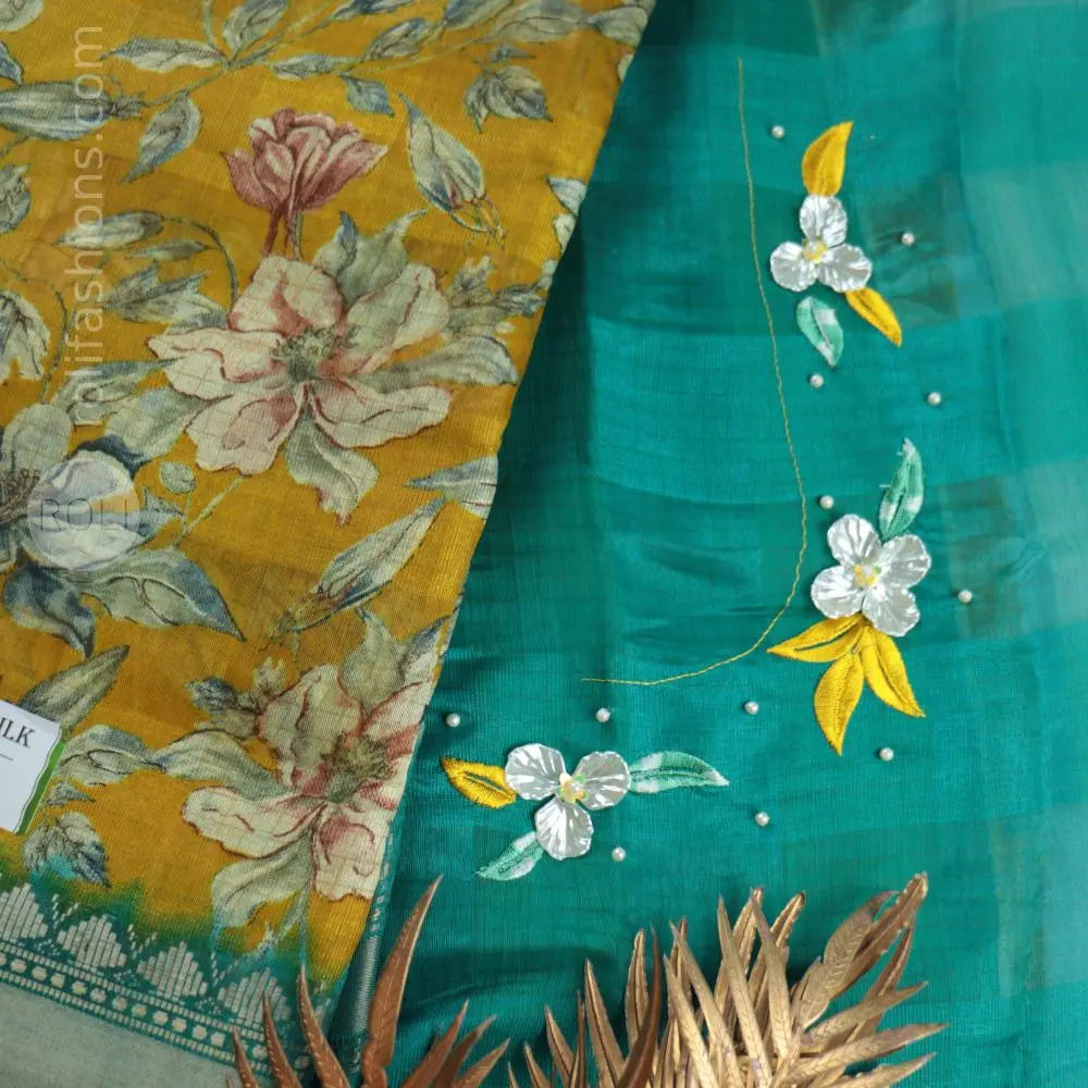 Yellow Saree with Aquamarine Blue Blouse