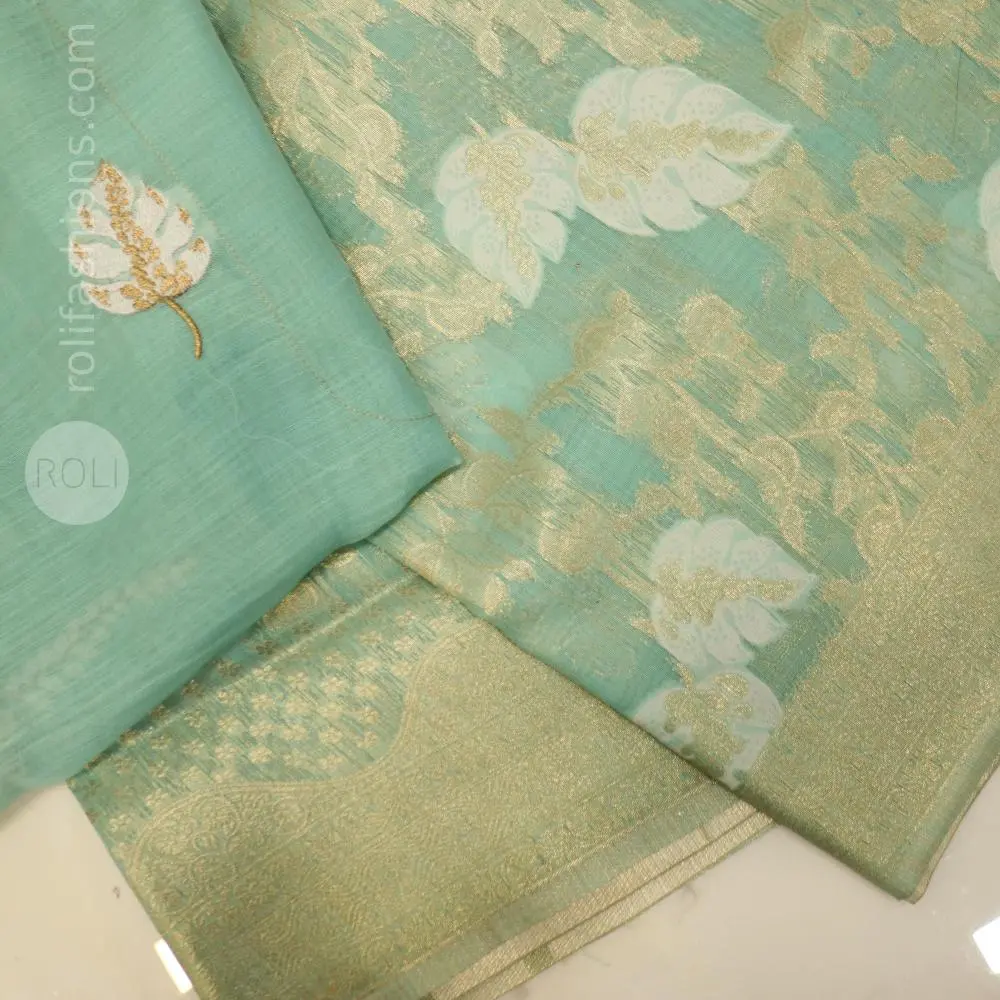 Stunning pastal aqua blue with silver zari border