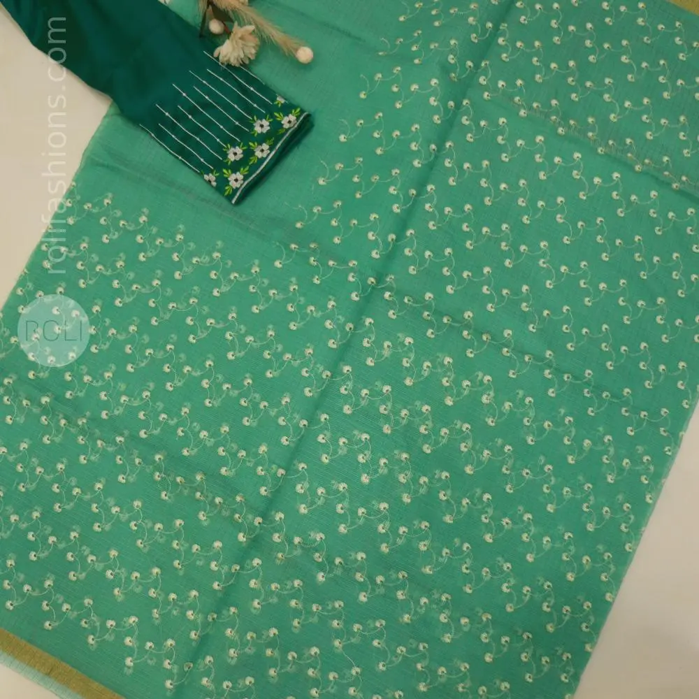 soft aqua blue (sea green) body with delicate off-white floral embroidery,rich peacock green blouse