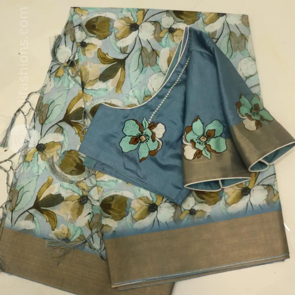 Cerulean blue saree with a stunning super matching designer blouse