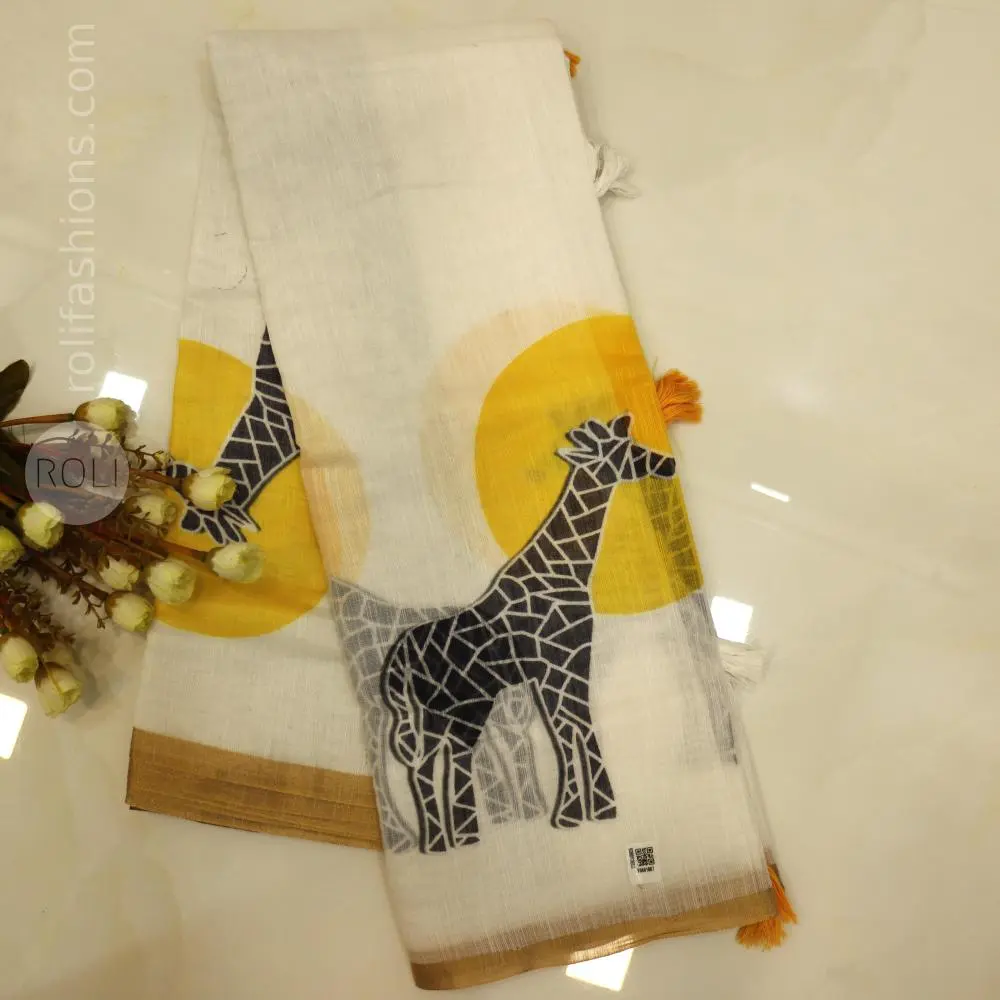 Half white trendy giraffe saree with striped blouse