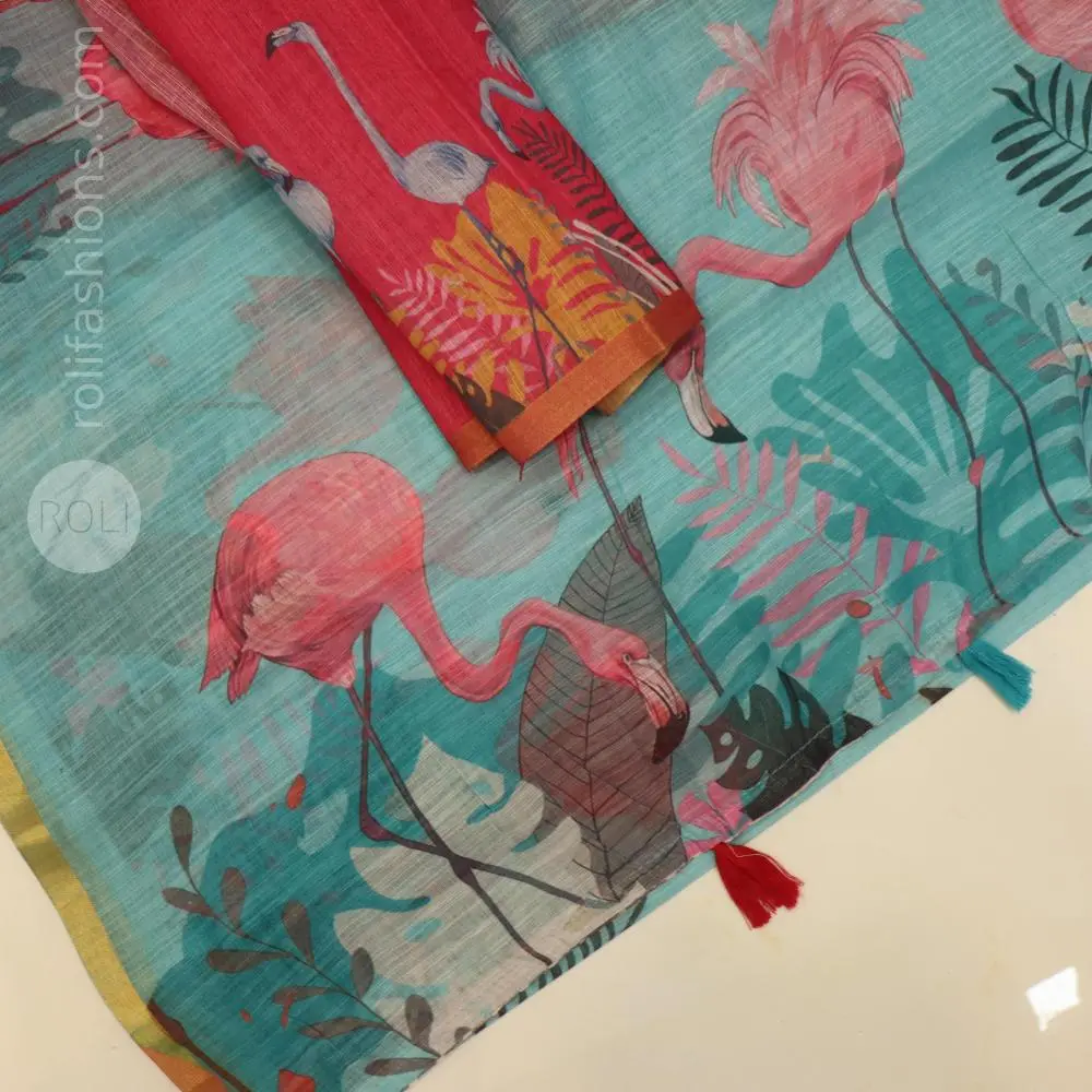 Refreshing sky blue saree with the cotton candy pastel pink with flamingo printed blouse