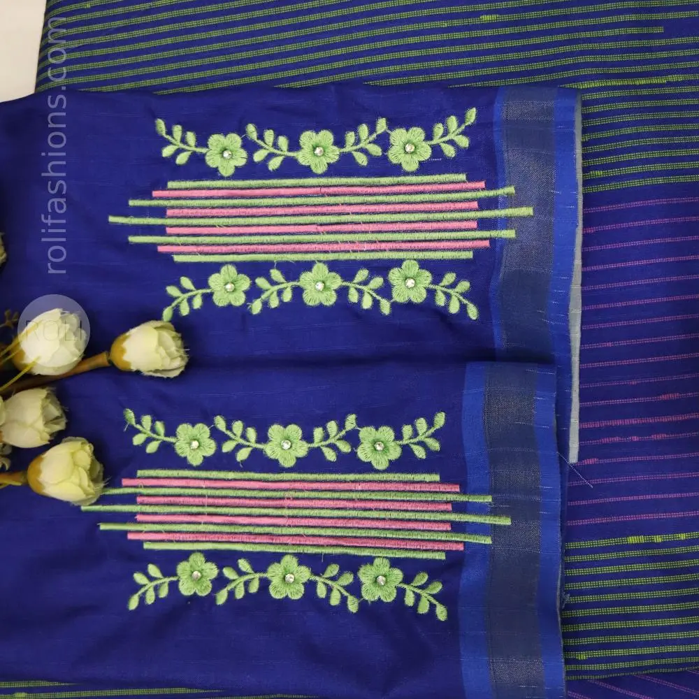 Deep cobalt blue with striking soft pink and green stripes