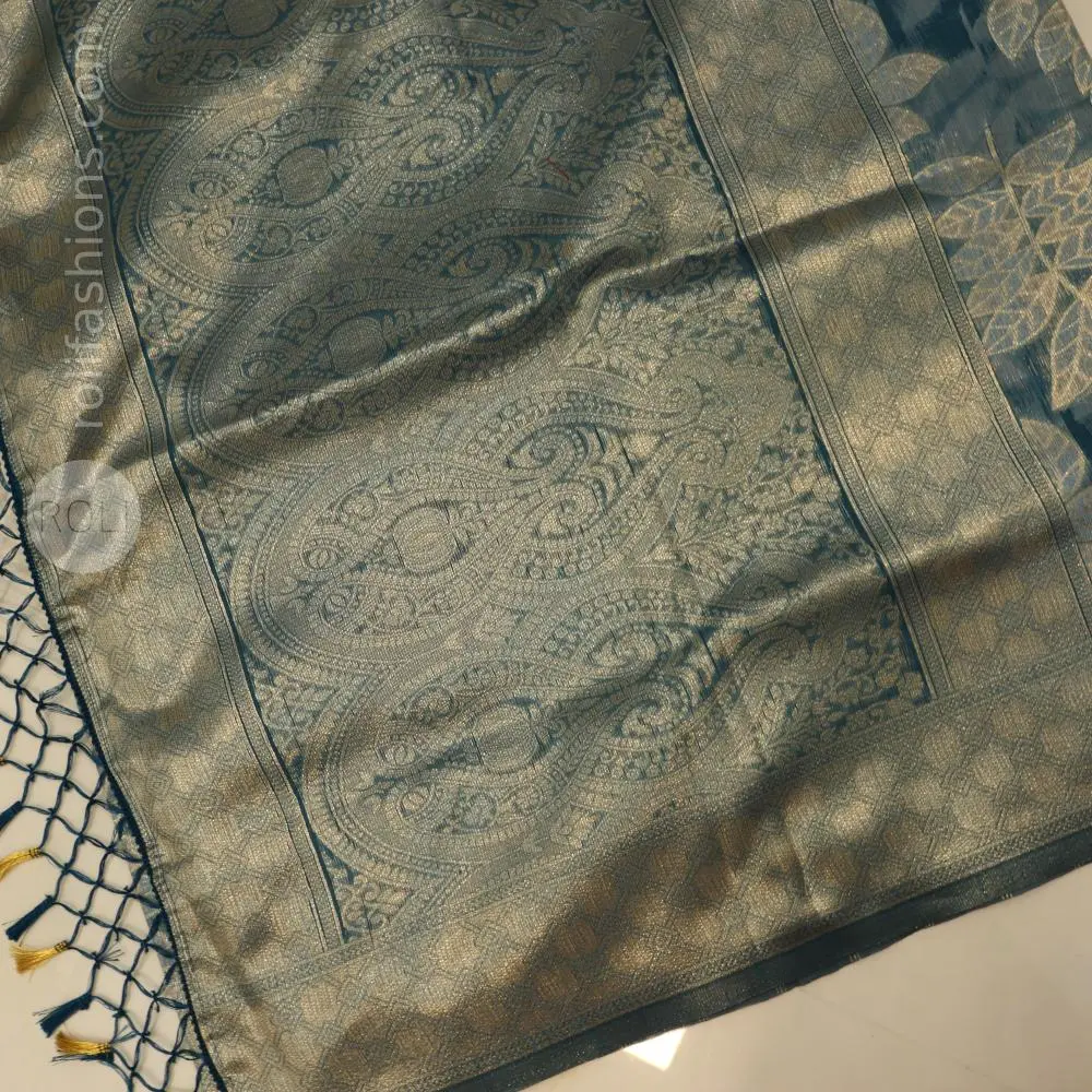 Stunning sea blue with silver and gold zari weaving