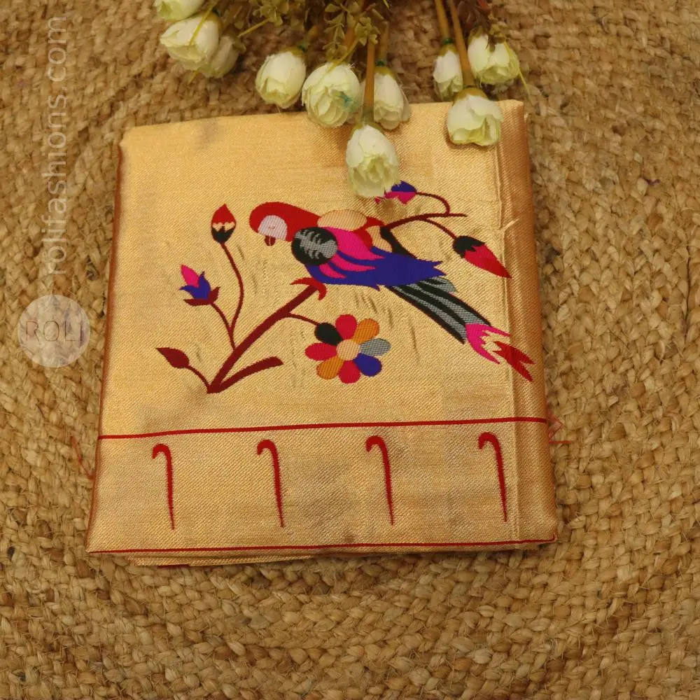 Graceful parrot, blooming flowers and heritage motifs