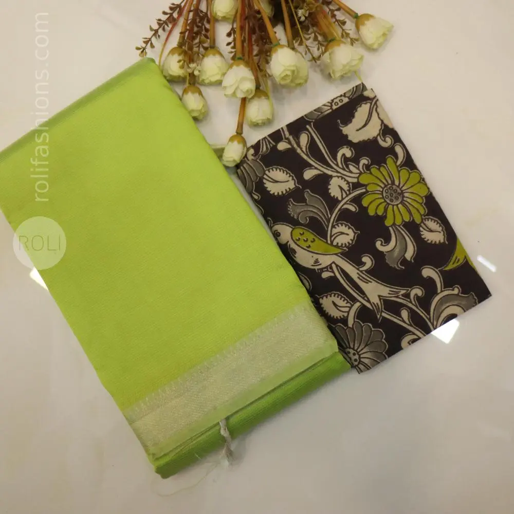 Fresh lime green / parrot green shade with silver zari border