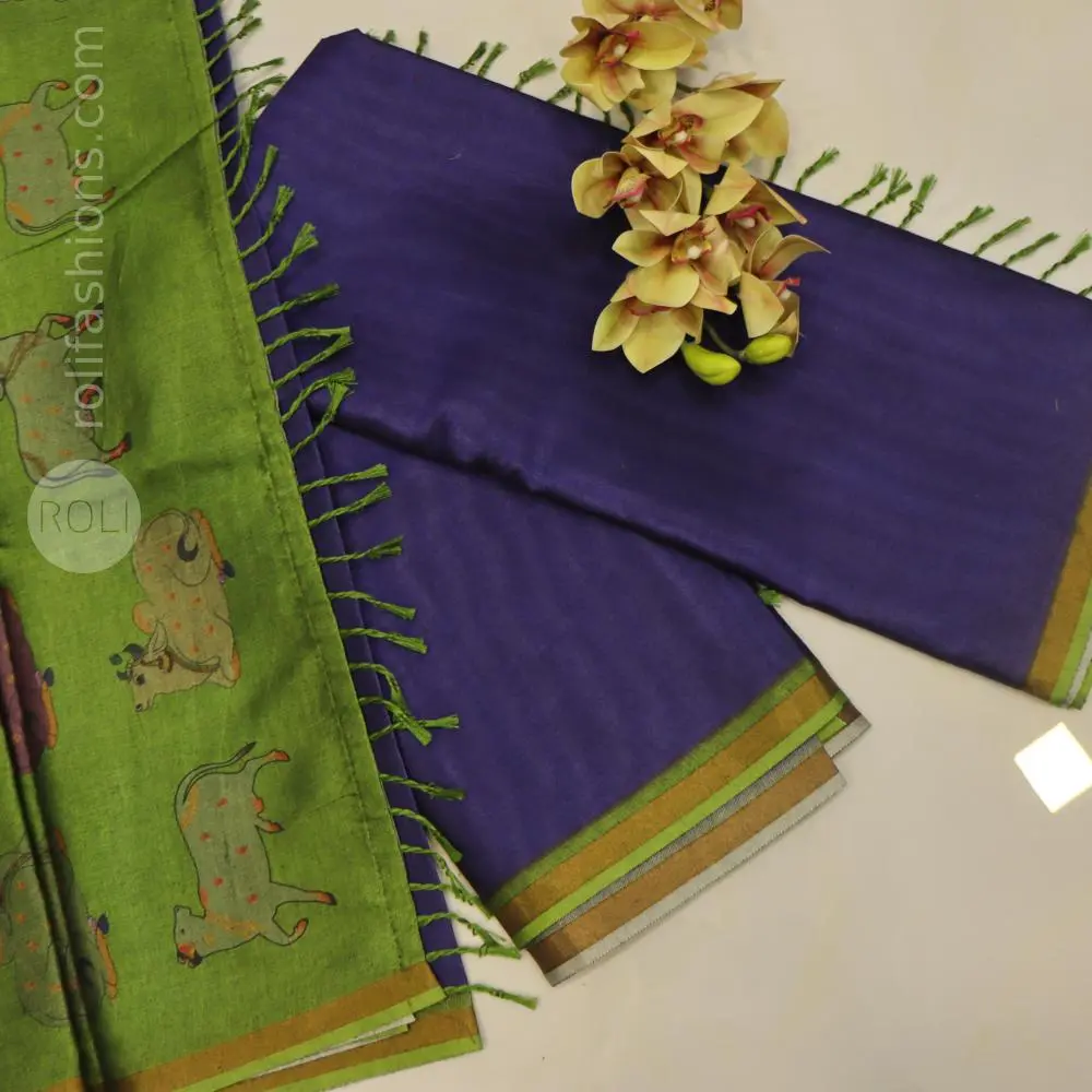 Dark violet saree withparrat green pallu and blouse
