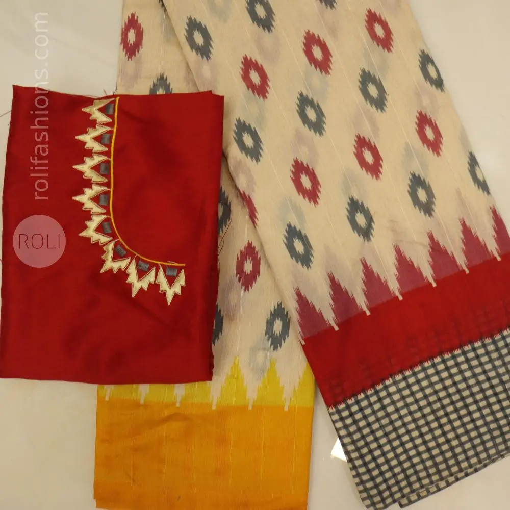 Beige,red and yellow tricolour saree with designer blouse