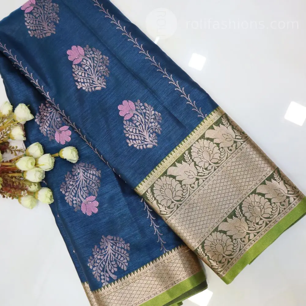 Dark Blue , with Olive Green, and Gold Zari