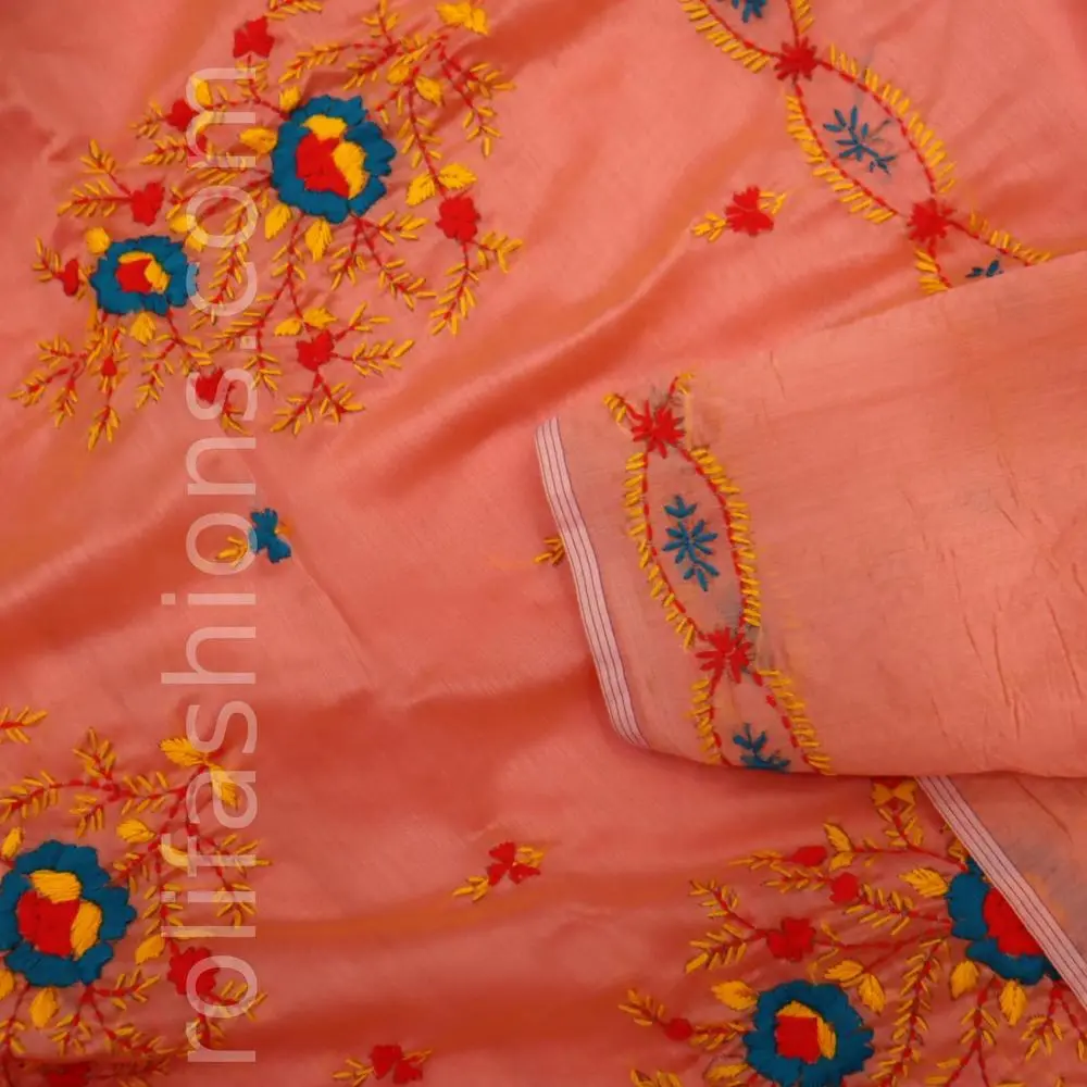Peach saree with Blue thread hand work