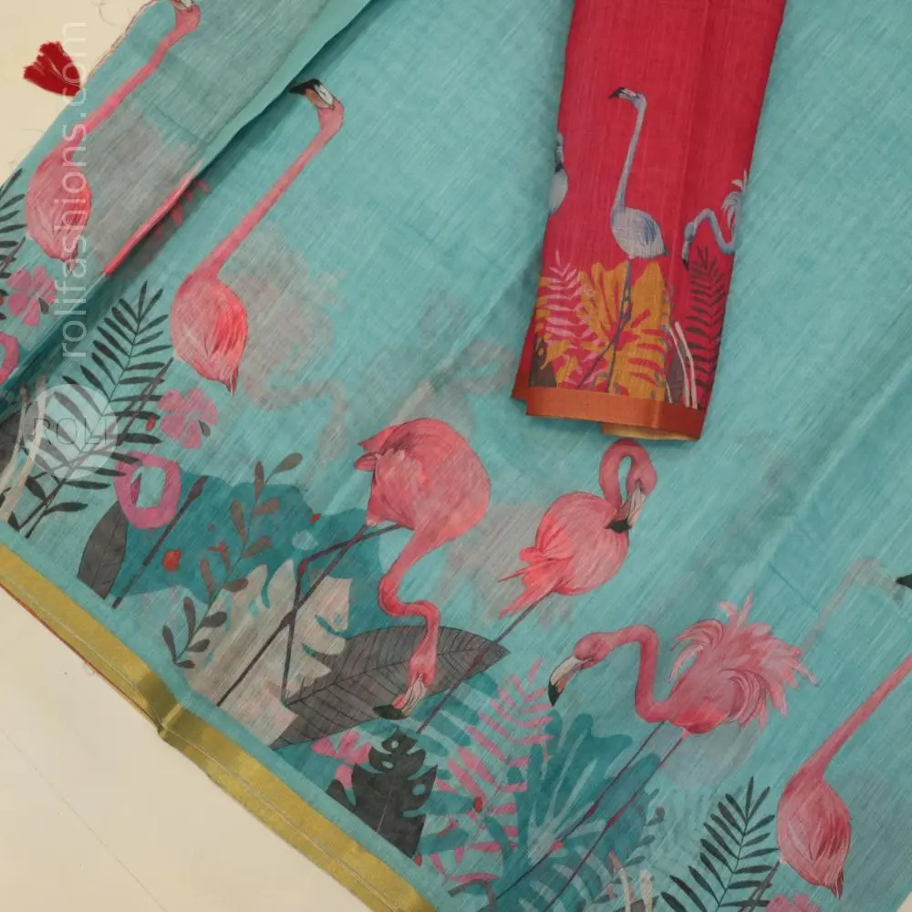 Refreshing sky blue saree with the cotton candy pastel pink with flamingo printed blouse