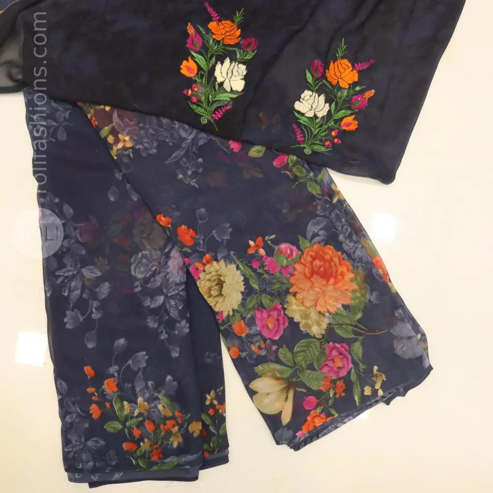 Elegant Charcoal Grey Floral Printed Saree with Embroidered Designer Blouse