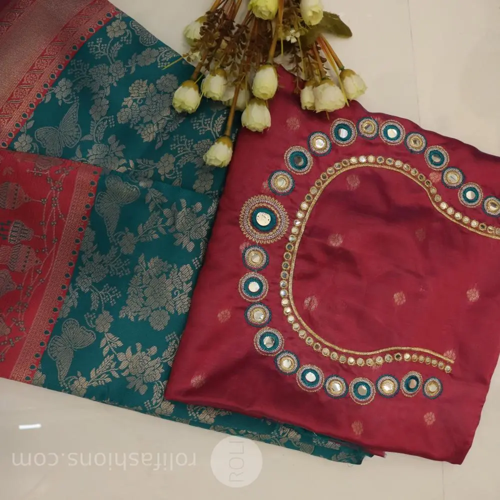 rama blue and Rani rose bordered silk saree