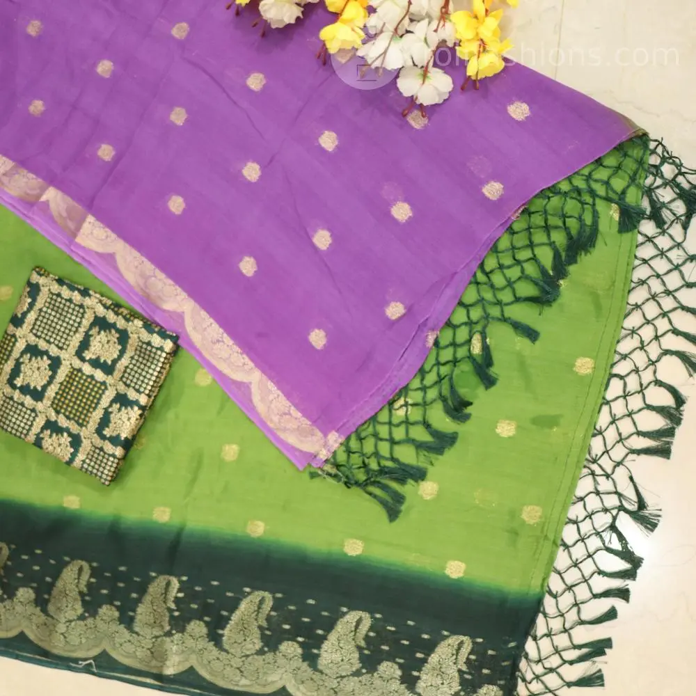 Purple and parrot-green pure Chinon crape Banaras saree