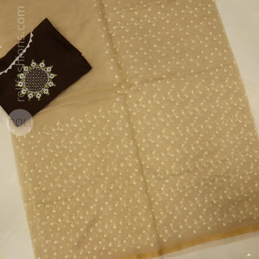 soft beige body with delicate off-white floral embroidery,deep chocolate brown blouse