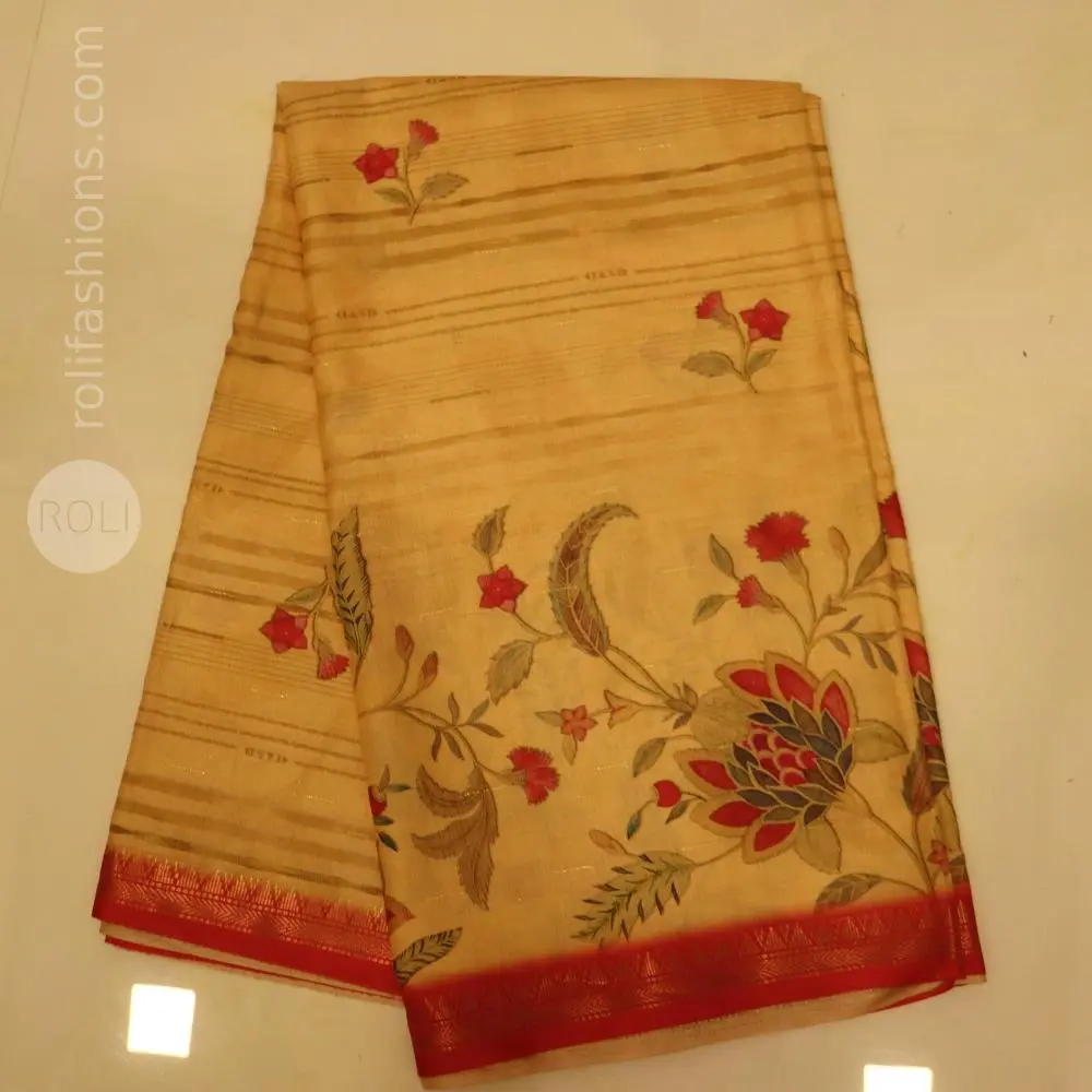Beige saree with Punch Pink border