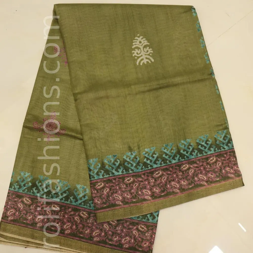 Olive green and purple border saree