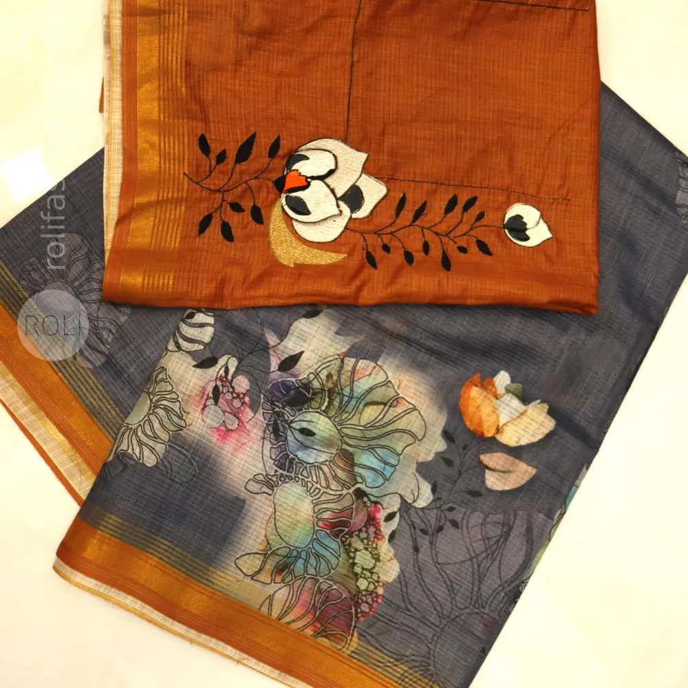 Celebrity grey saree with mustard zari border And 3D patchwork designer blouse