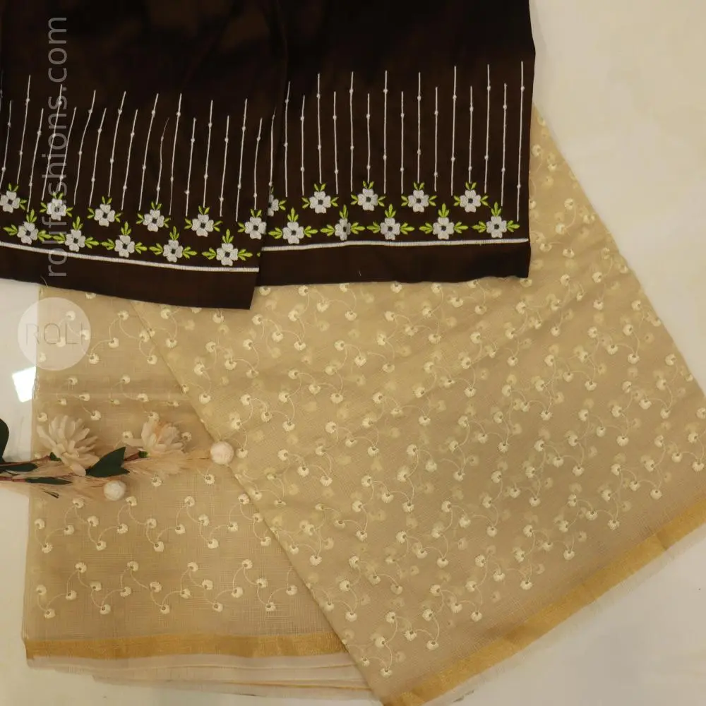 soft beige body with delicate off-white floral embroidery,deep chocolate brown blouse