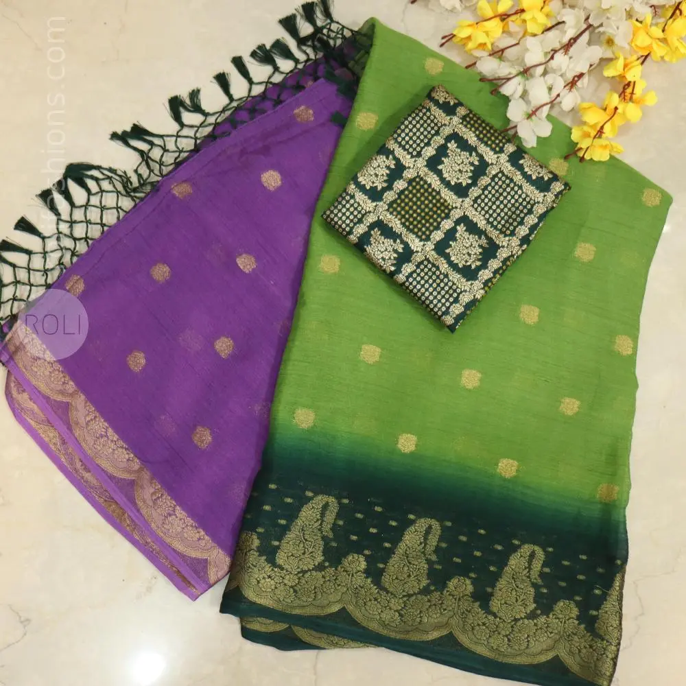 Purple and parrot-green pure Chinon crape Banaras saree