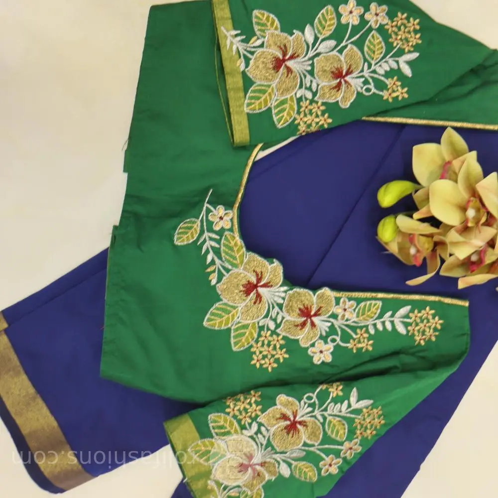 Blue with golden zari woven border and green blouse and pallu