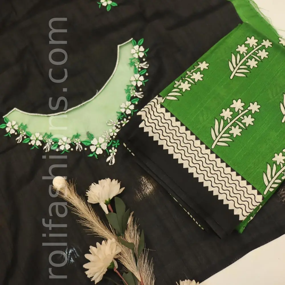 Green and Black saree with network designer blouse(unstitched)