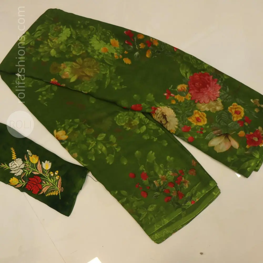 Green Floral Printed Saree with Embroidered Designer Blouse