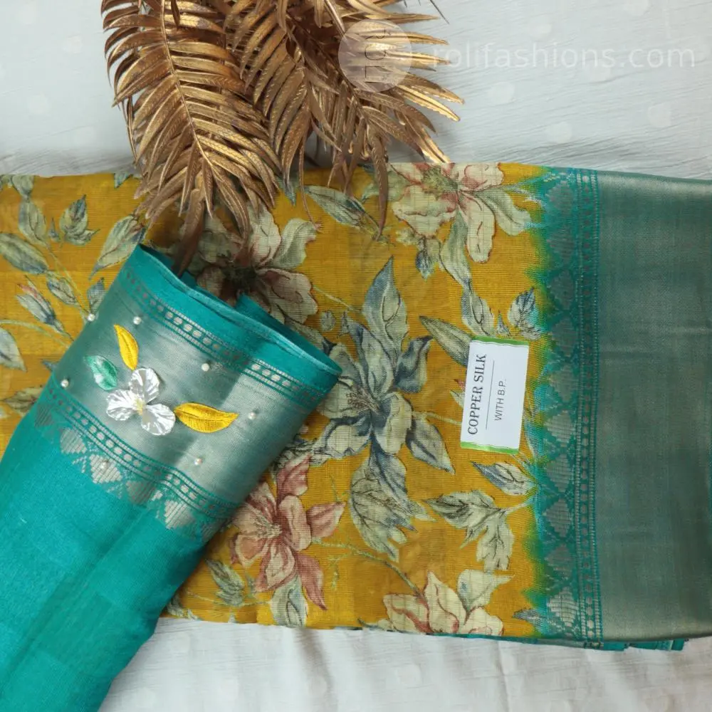 Yellow Saree with Aquamarine Blue Blouse