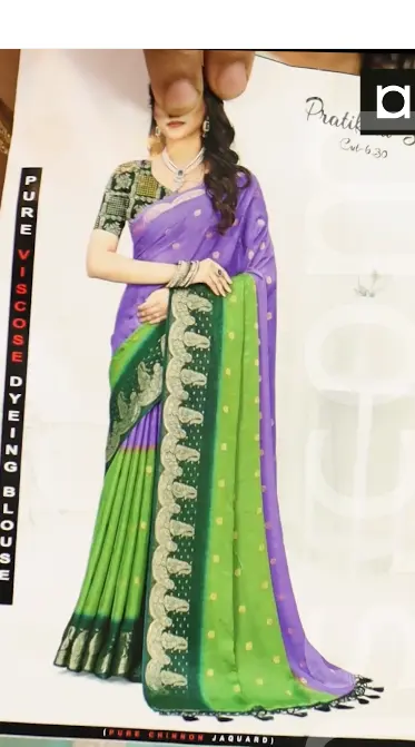 Purple and parrot-green pure Chinon crape Banaras saree