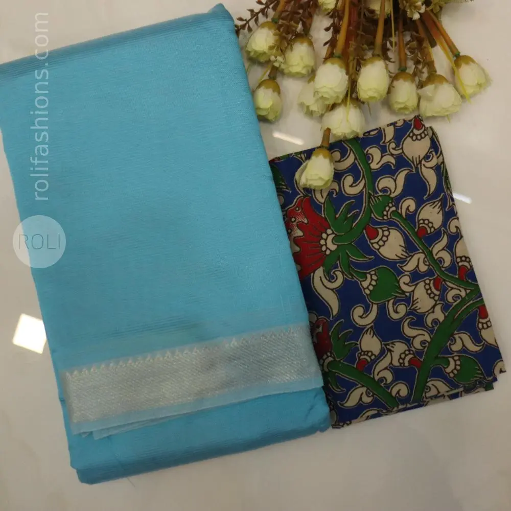 Sky /ice blue  with a delicate silver zari border.