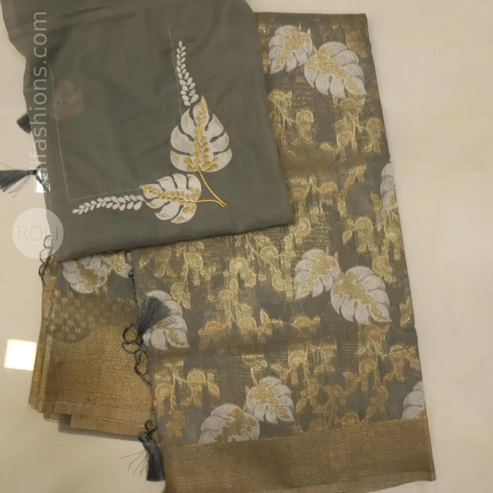 Stunning celebrity grey saree with  silver border