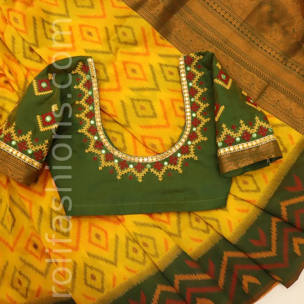 Yellow pochampalli kora silk with basil green boarder
