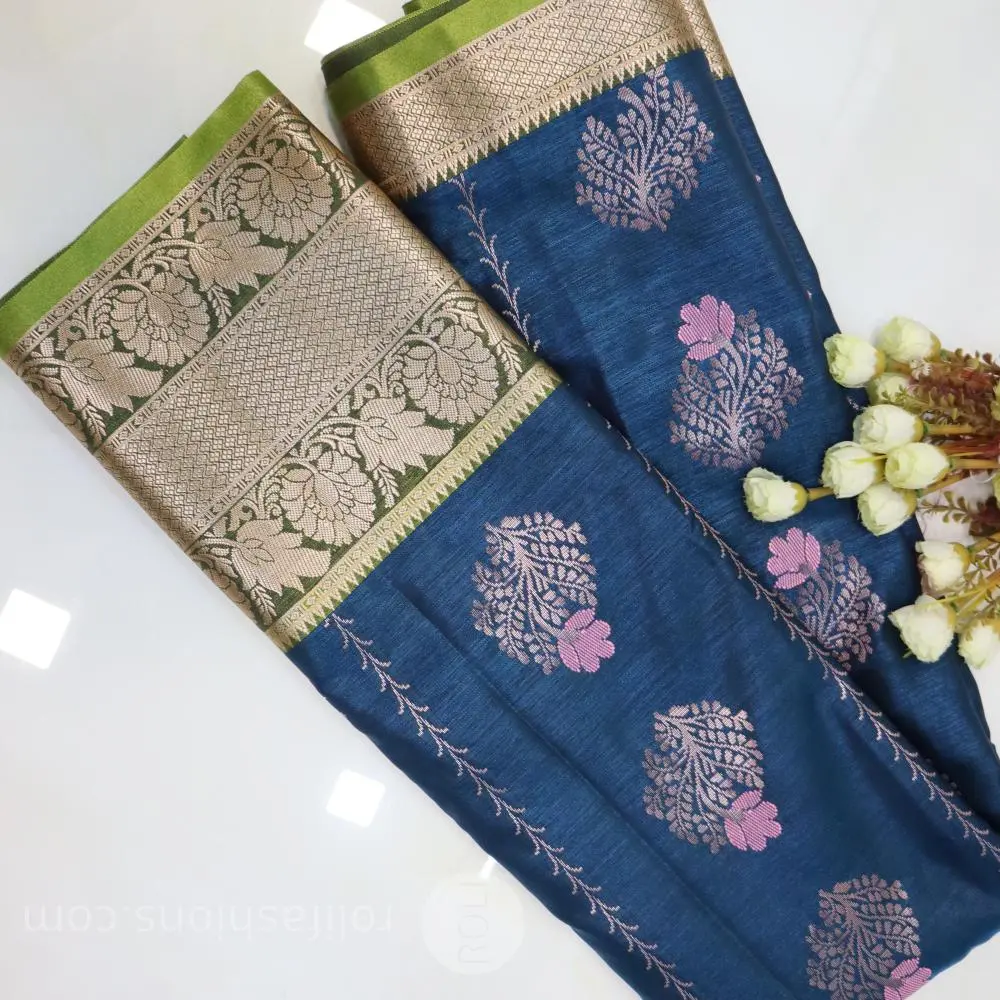 Dark Blue , with Olive Green, and Gold Zari